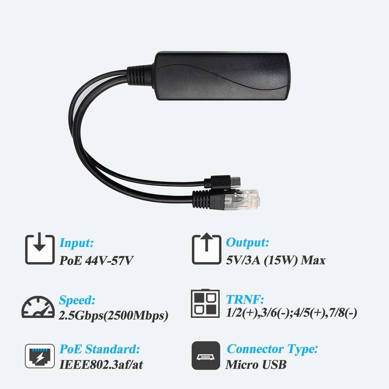 REVODATA 2.5G Micro USB PoE Splitter 5V/3A, PoE to Micro USB 5V/3A 15W Output, 2.5Gbps Ethernet Comply IEEE802.3af/at, Plug and Play for Smart Home - Image 3